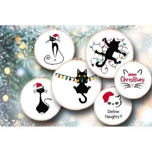 Set of SIX - Christmas Black‎ Cat Holiday Counted Cross Stitch Pattern Chart